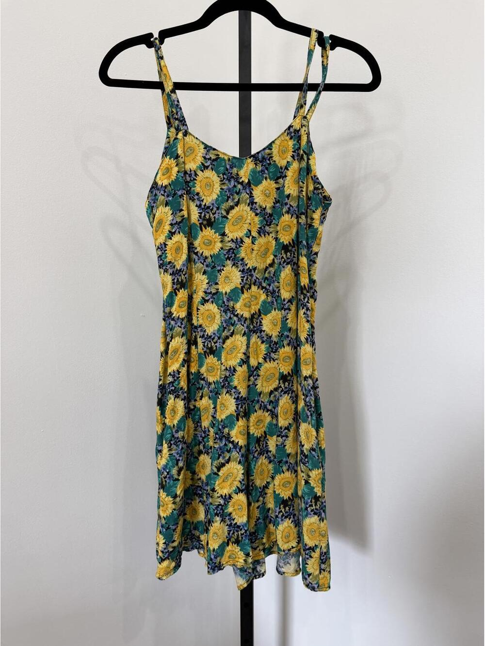 y2k mini dress Yellow Sunflower Print Spaghetti Strap Dress Vintage Small - Picture 7 of 7